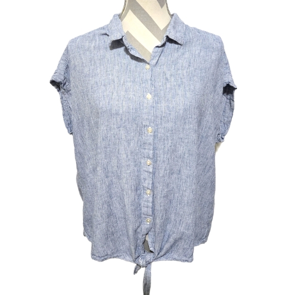 Weatherproof Vintage Linen Blend Blue White Stripe Button-Up Blouse Size Large - Picture 1 of 14